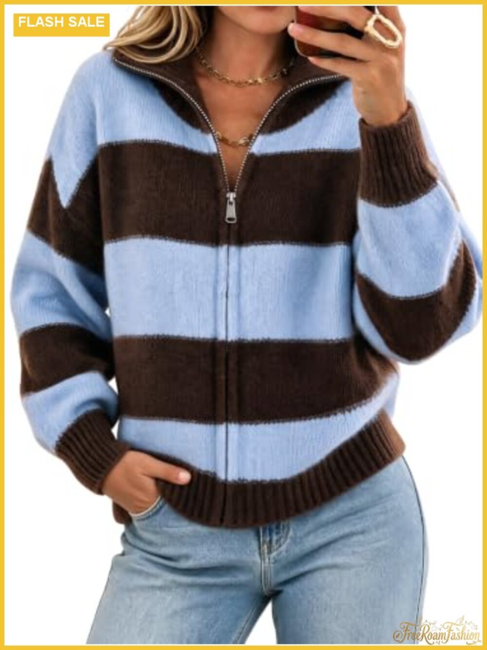 Striped Color Block Zip Up Cardigan Long Sleeve Knit Sweater